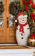 Load image into Gallery viewer, White Metal Snowman in Red &amp; White Polka Dot Hat &amp; Scarf with attached Easel Christmas
