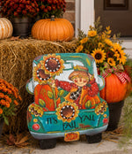 Load image into Gallery viewer, It’s Fall Y’all Metal Stake in Turquoise Truck with Scarecrow and Sunflowers
