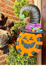 Load image into Gallery viewer, Orange Candy Jack O Lantern Witch Metal Stake with Attached Easel
