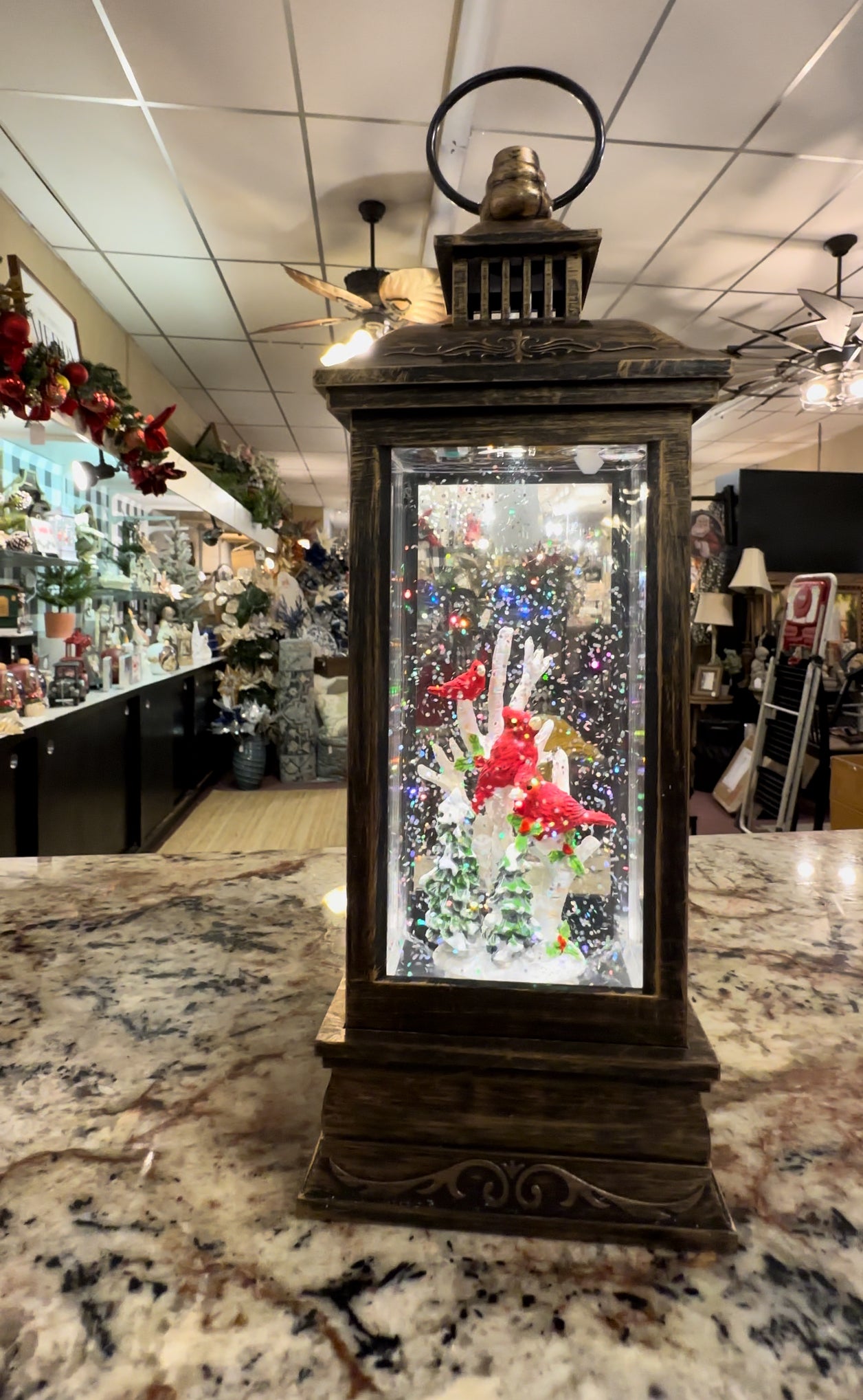 Musical 🎵Bronze Lantern Snow Globe with Cardinals