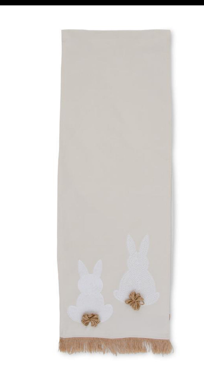 Linen Look Emroidered Fringed Bunny Table Runner