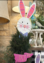 Load image into Gallery viewer, Turquoise Ears Bunny with Bow tie White Rabbit Metal Outdoor Stakes
