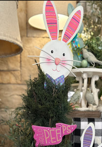 Turquoise Ears Bunny with Bow tie White Rabbit Metal Outdoor Stakes