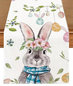 Bunny with Check Pattern Blue Scarf Table Runner
