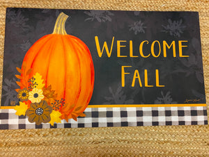 Pumpkin Door Mat Welcome Fall Outdoor Black Check