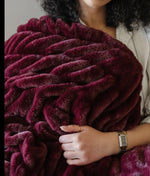 Load image into Gallery viewer, Couture Double Ruched Royal Dark Wine Faux Fur Throw 50”x60”
