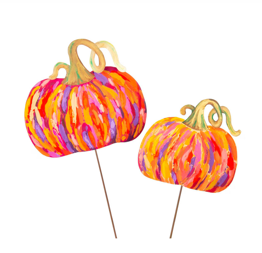Artful Orange Pumpkins Set of 2 Metal Stakes