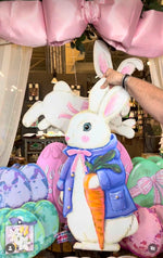 Load image into Gallery viewer, Rabbit in Periwinkle and Pink Jacket with Carrot Metal Stake
