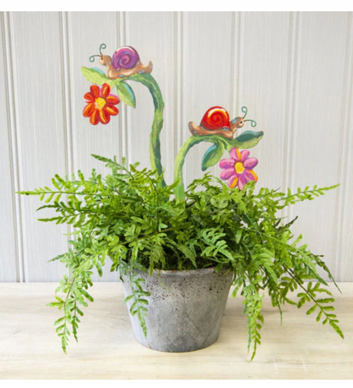 Set of 2 Snails on Flowers Metal Stakes