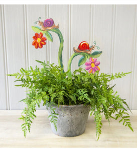Set of 2 Snails on Flowers Metal Stakes