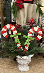 Load image into Gallery viewer, Set of 2 Candy Cane with Lime Green Bows Metal Stakes Outdoor or Indoor
