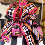 Load image into Gallery viewer, (4) Option Bows: Whimsical Custom Bows Harlequin Black, White, Bright Green, Pink Pumpkin, Stripe Ribbon, Purple, Orange
