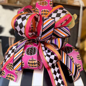 (4) Option Bows: Whimsical Custom Bows Harlequin Black, White, Bright Green, Pink Pumpkin, Stripe Ribbon, Purple, Orange