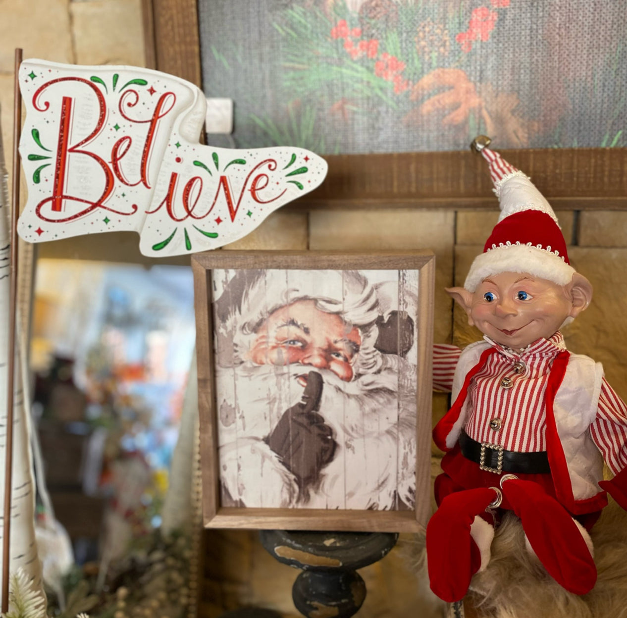 Santa Shh Wooden Art Neutral with Wood Frame Christmas Art