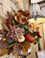 Load image into Gallery viewer, Fall Mixed Dusty Mauve, Cream Hydrangeas, and Copper Stems in White Ceramic Pot
