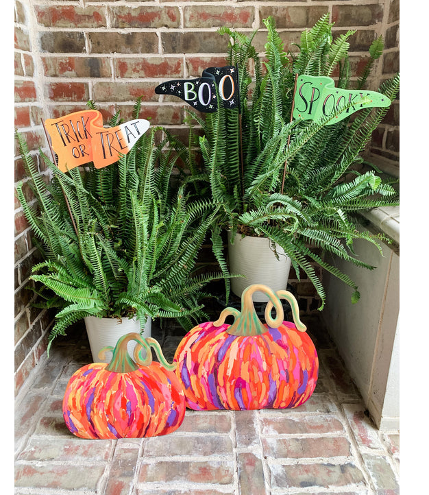Artful Orange Pumpkins Set of 2 Metal Stakes