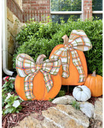 Load image into Gallery viewer, Plaid Orange and Brown Pumpkins Set of 2 Metal Stakes

