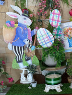 Load image into Gallery viewer, Lg. Walking Tall Rabbit Black and White Striped Pants Rabbit Metal Stake 28”h
