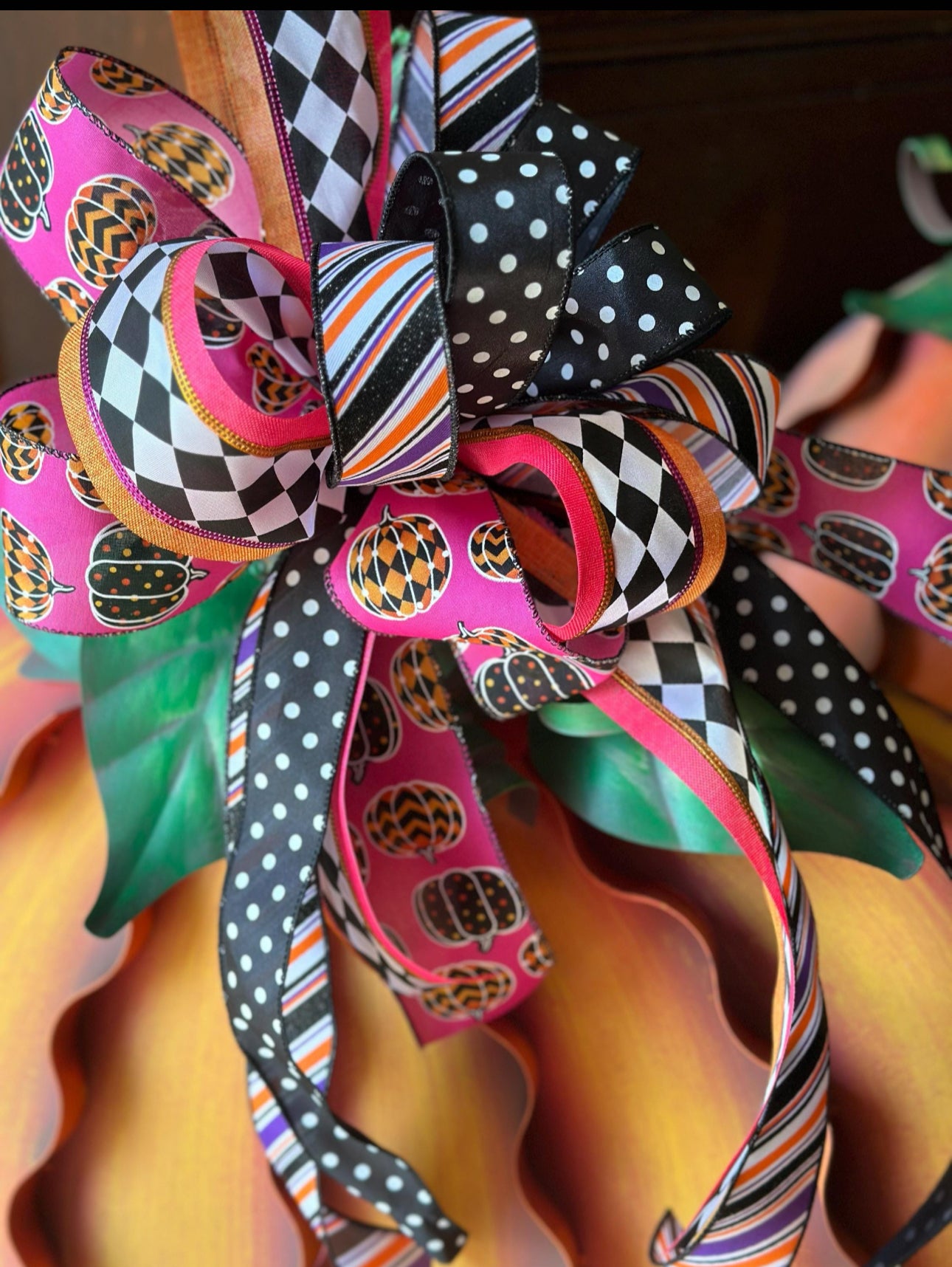 (4) Option Bows: Whimsical Custom Bows Harlequin Black, White, Bright Green, Pink Pumpkin, Stripe Ribbon, Purple, Orange