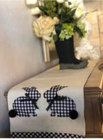 Load image into Gallery viewer, Gingham Black and White Bunny with Pom Pom Tails Table Runner
