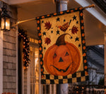 Load image into Gallery viewer, Large Jack O' Lantern Outdoor Flag with Check And Polka Dot Border
