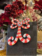 Load image into Gallery viewer, Black Check Metal Package with Candy Cane Bow Red &amp; White
