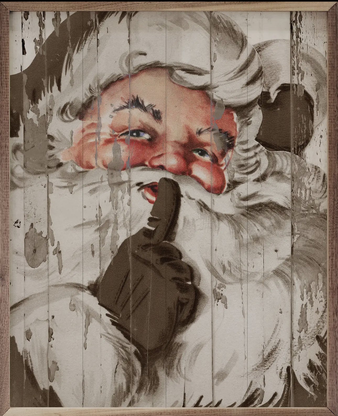 Santa Shh Wooden Art Neutral with Wood Frame Christmas Art