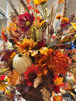 Load image into Gallery viewer, Fall Mixed Cream Pumpkin, Burgundy, Gold Sunflowers, and Stems in Rustic Bronze Copper Resin Pot
