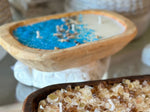 Load image into Gallery viewer, At the Beach  Blue Glass Soy Candle in Wood Dough Bowl
