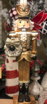 Load image into Gallery viewer, Elegant Gold &amp; Black Nutcracker w/ Wreath
