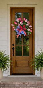 Load image into Gallery viewer, Pink &amp; White Tulips in Moss Basket Door Hanger or Wall Basket
