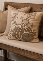 Load image into Gallery viewer, Cottage Harvest Rope Pillow Fall Autumn Light Taupe, White and Gray Pumpkin Embroidered Pillow
