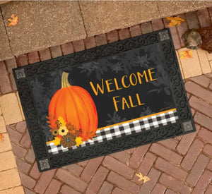 Pumpkin Door Mat Welcome Fall Outdoor Black Check