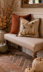 Load image into Gallery viewer, Gold Sequin Accents Embroidered Fall Pumpkin Pillow with Form and Brush Fringe Ends
