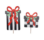 Load image into Gallery viewer, Christmas Black and White Stripe Red Packages Metal Stakes Set of 2
