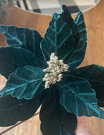 Load image into Gallery viewer, Emerald Green Velvet Poinsettias with Silver Gold Center 3-Pack
