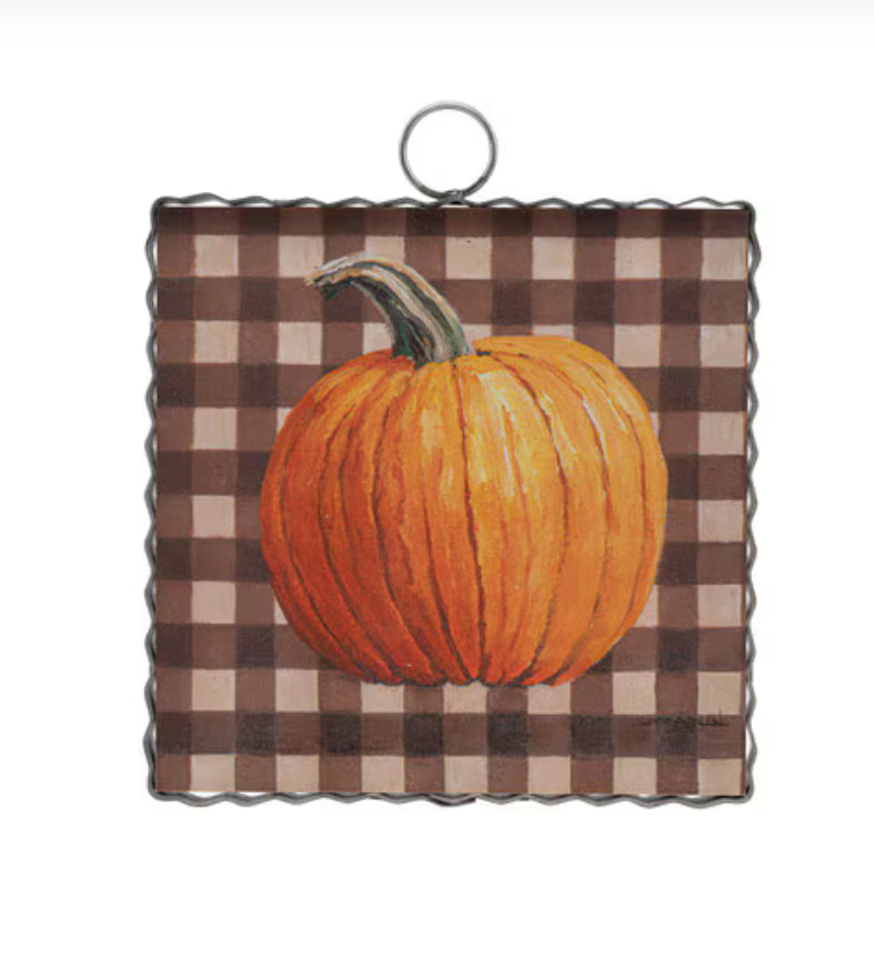 Check Background Pumpkin Mini Print with Galvanized Frame