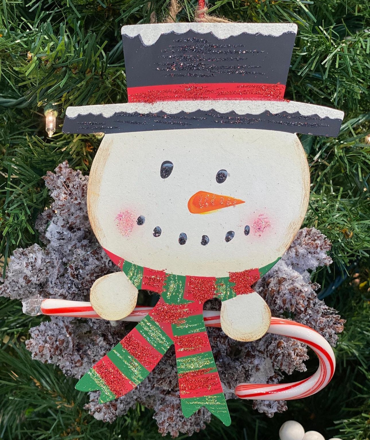 Snowman Metal Ornament that Can Hold a Candy Cane