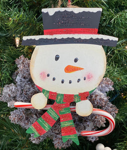 Snowman Metal Ornament that Can Hold a Candy Cane