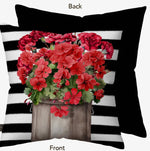 Load image into Gallery viewer, Red Geraniums with Black White Stripe Pillow Outdoor
