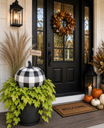 Load image into Gallery viewer, Black and White Buffalo Plaid Metal Pumpkin Outdoor Stake
