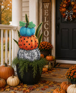 Load image into Gallery viewer, Pumpkins Topiary Stack Blue, Gray Floral, Orange Polka Dots Metal Stake
