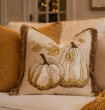 Load image into Gallery viewer, Gold Sequin Accents Embroidered Fall Pumpkin Pillow with Form and Brush Fringe Ends
