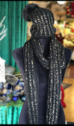 Load image into Gallery viewer, Glam Black &amp; Gold Knit Metallic Scarf with Matching Hat
