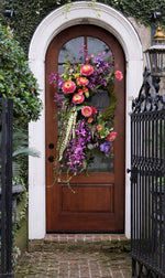 Load image into Gallery viewer, Natural Moss Floral Wreath Pink and Orange Ranunculus, Purple Stems, Green Moss

