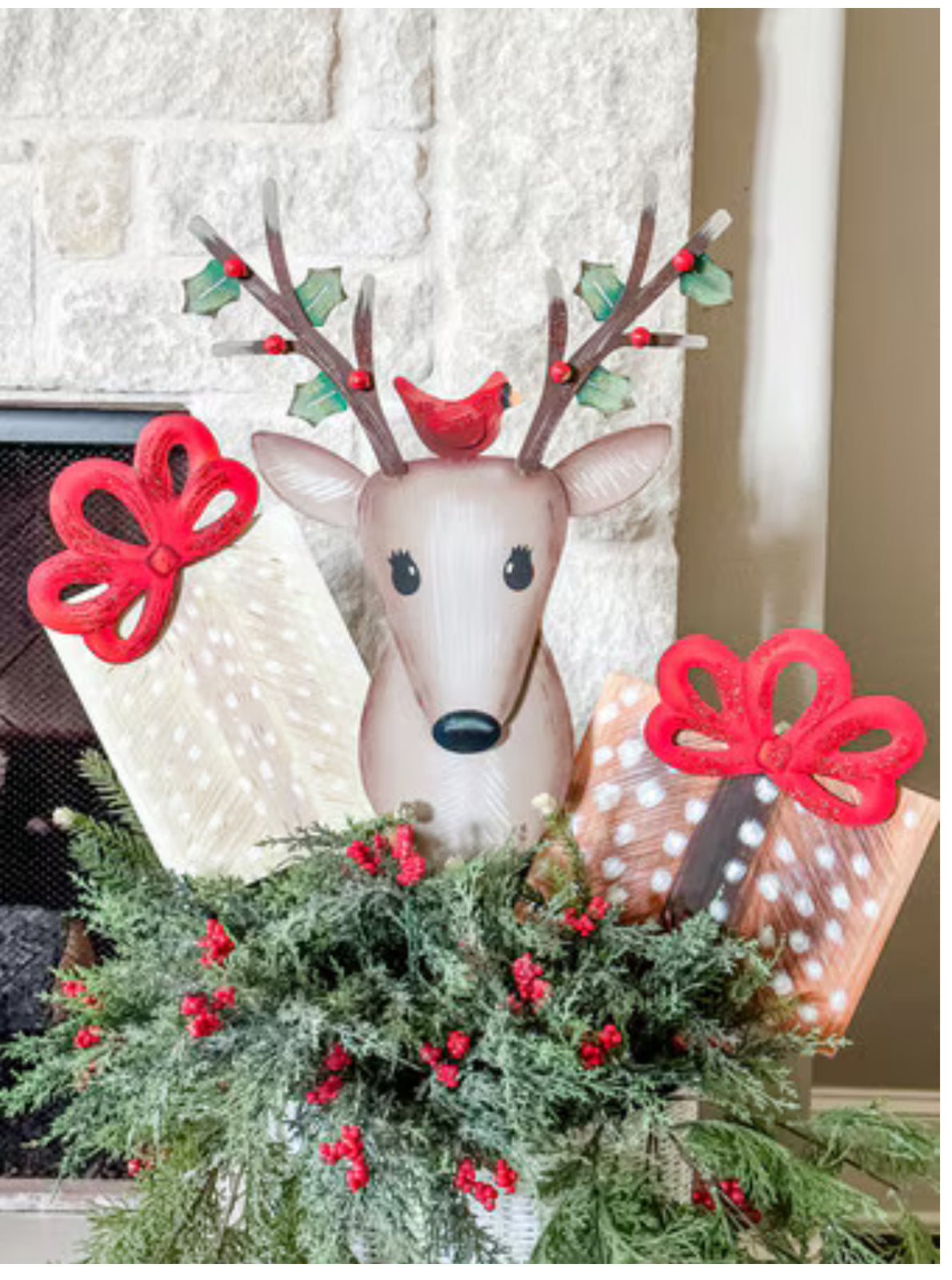 Deer Print Christmas Packages Set of 2 Metal Stake Outdoor or Indoor