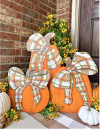 Load image into Gallery viewer, Plaid Orange and Brown Pumpkins Set of 2 Metal Stakes
