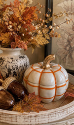Load image into Gallery viewer, Orange &amp; White Pumpkin Check Candy Dish with Gold Stem
