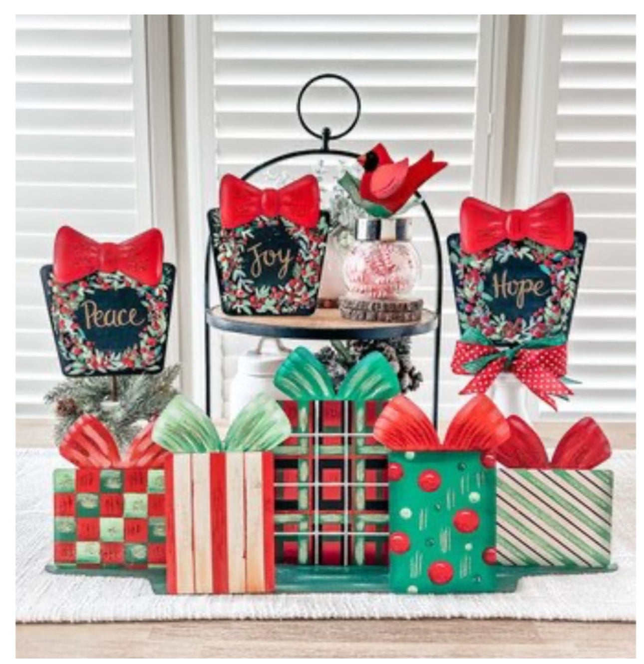 Christmas Black, Green, White, Red Packages Metal Mantle Display