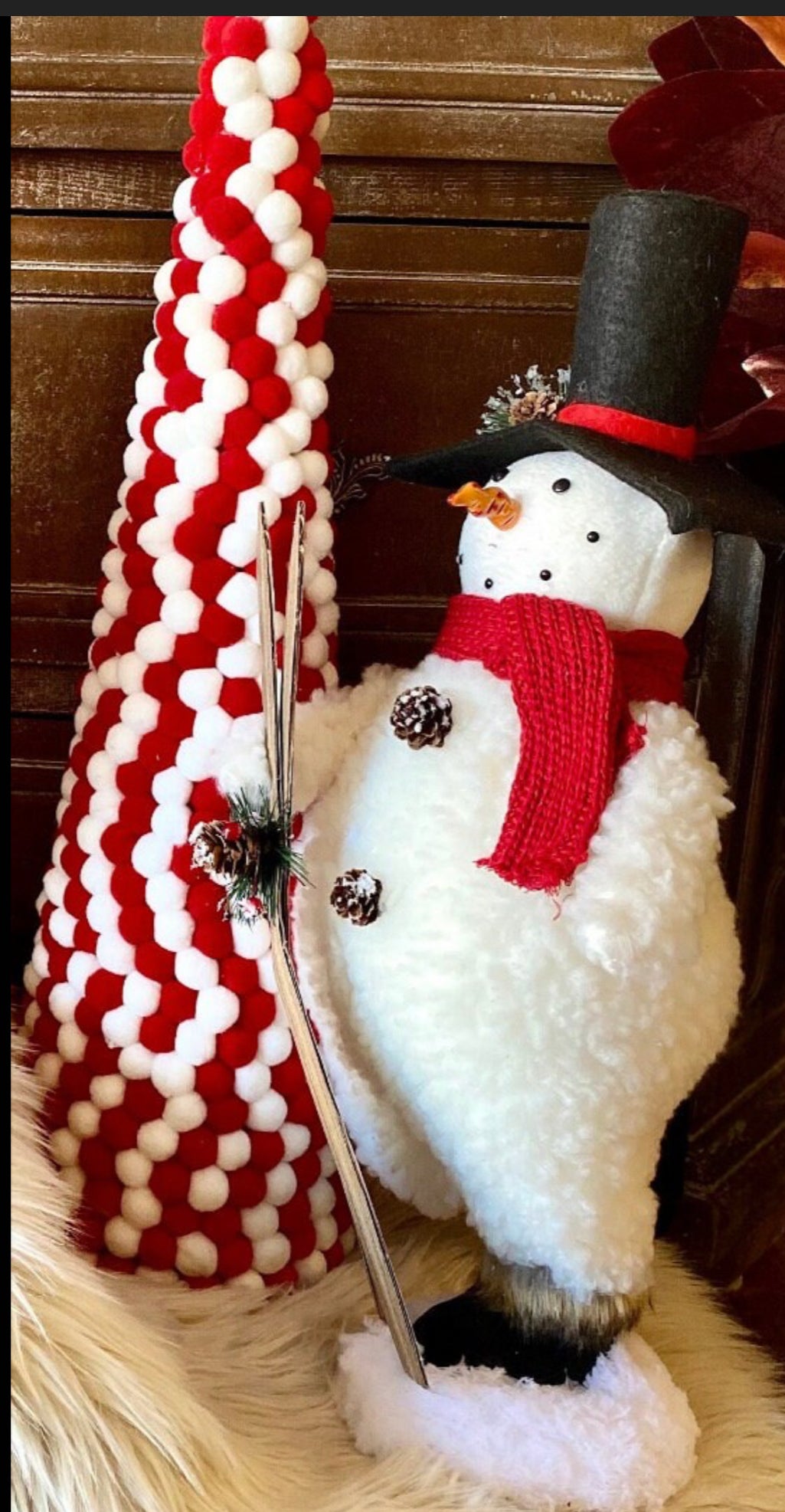 Set of 3 Red & White Pom Cone Trees